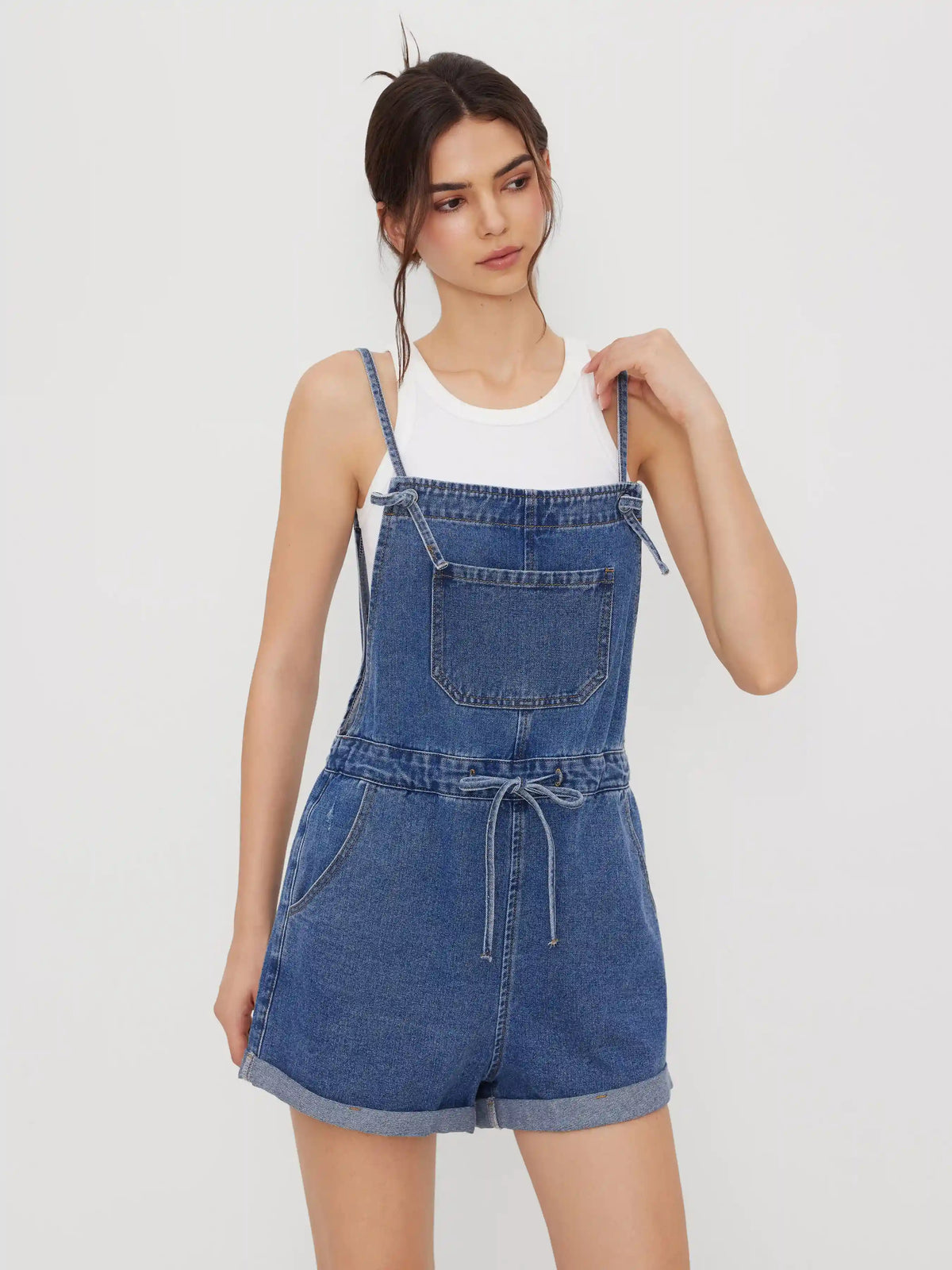 Denim Drawstring Knotted Roll Hem Romper