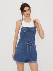 Denim Drawstring Knotted Roll Hem Romper