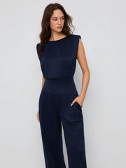 High Stretch Mid Rise Ruched Wide Leg Jumpsuit