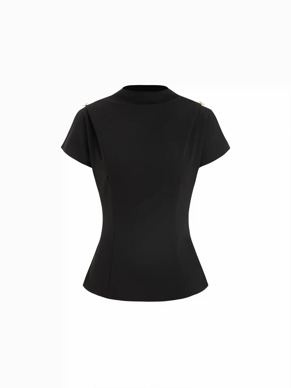 High Neck Ruched Metal Button Short Sleeve Top