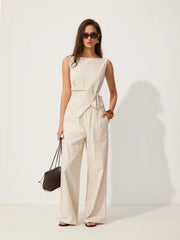 Linen-blend Boat Neck Wrap Tie Top & Mid Rise Capri Trousers Set