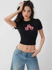 Cotton-blend Round Neckline Cherry Ice Cube Graphic Crop Tee