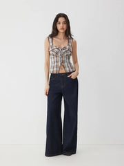 Plaid Square Neck Knotted Crop Top