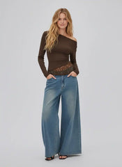 Asymmetrical Neck Long Sleeve Contrasting Lace Ruched Tee