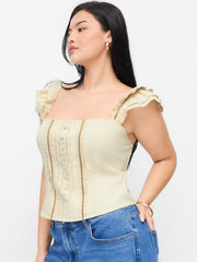 Cotton-blend Textured Halter Neck Ruffled Shirred Blouse Curve & Plus