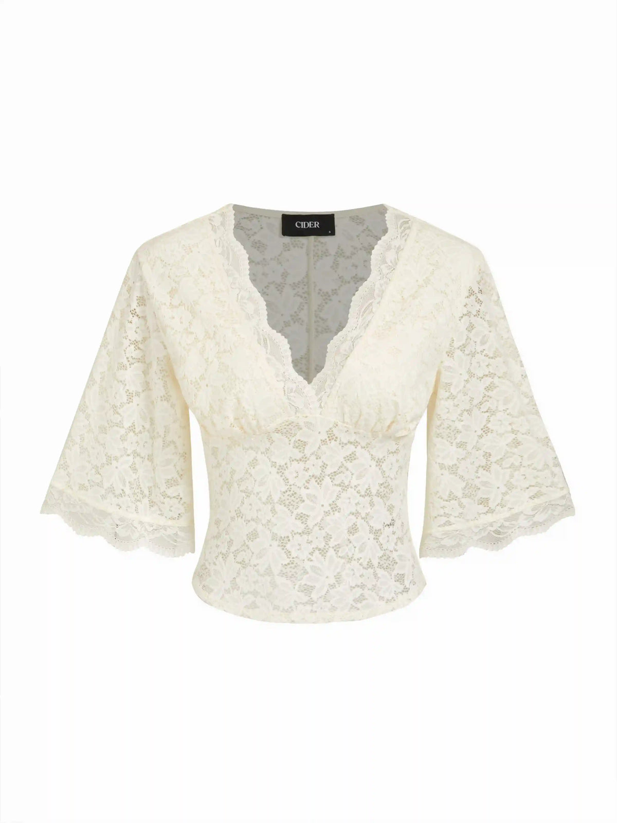 V-Neck Guipure Lace Bell Sleeve Cropped Top