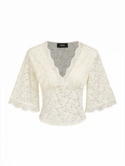 V-Neck Guipure Lace Bell Sleeve Cropped Top