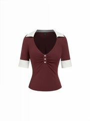 Cotton-blend V-neck Striped Two Tone Button Mid-length Sleeve Blouse