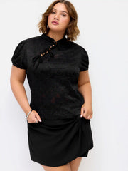 Lace Floral Stand Collar Bowknot Puff Sleeve Top Curve & Plus