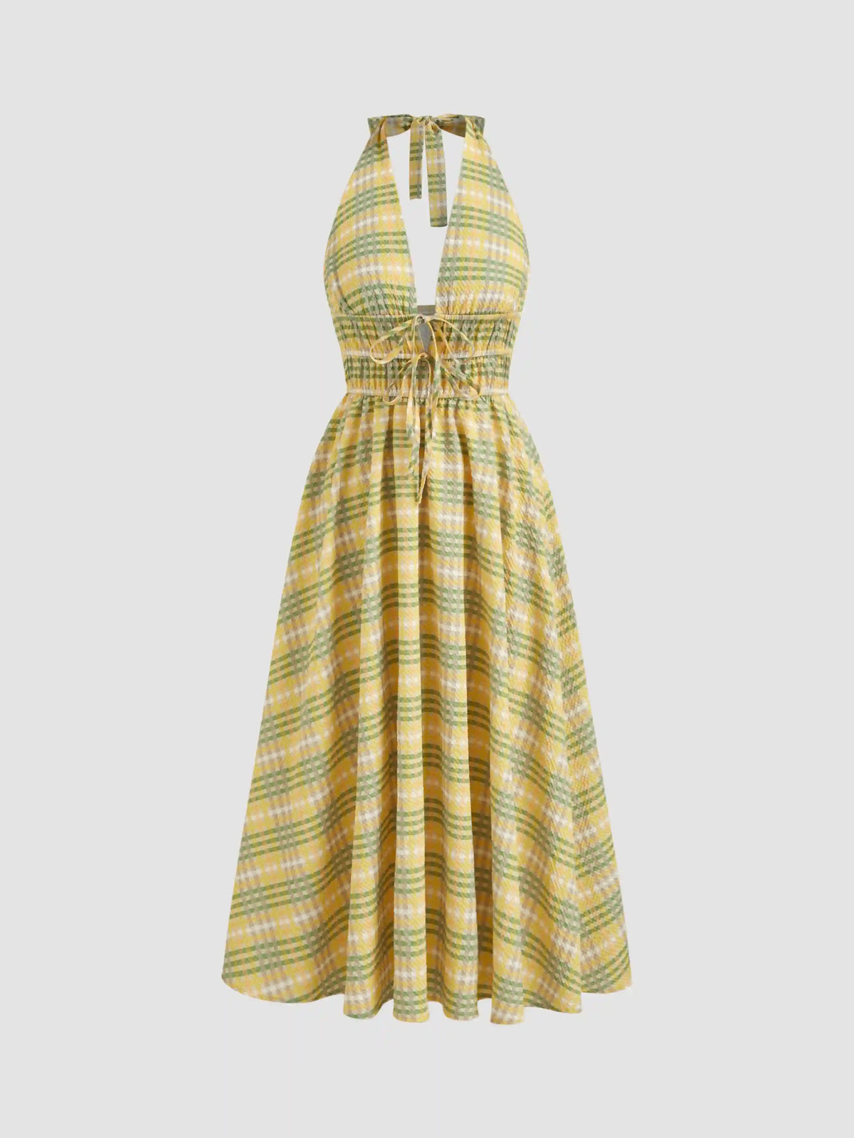 Halter Neckline Tartan Shirred Knotted Midi Dress