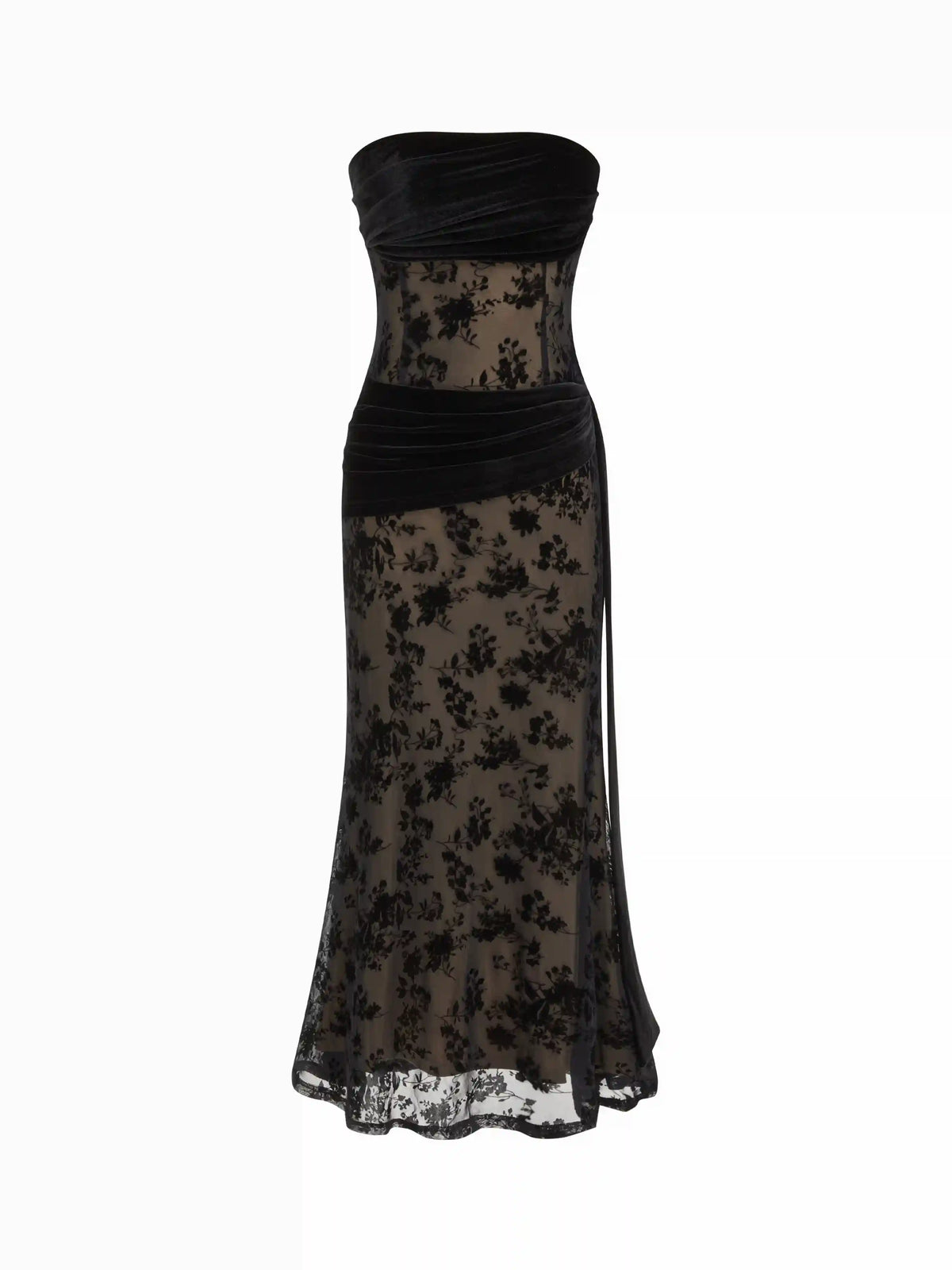 Vestido Maxi Sirena Bandeau de terciopelo y encaje floral y estampado