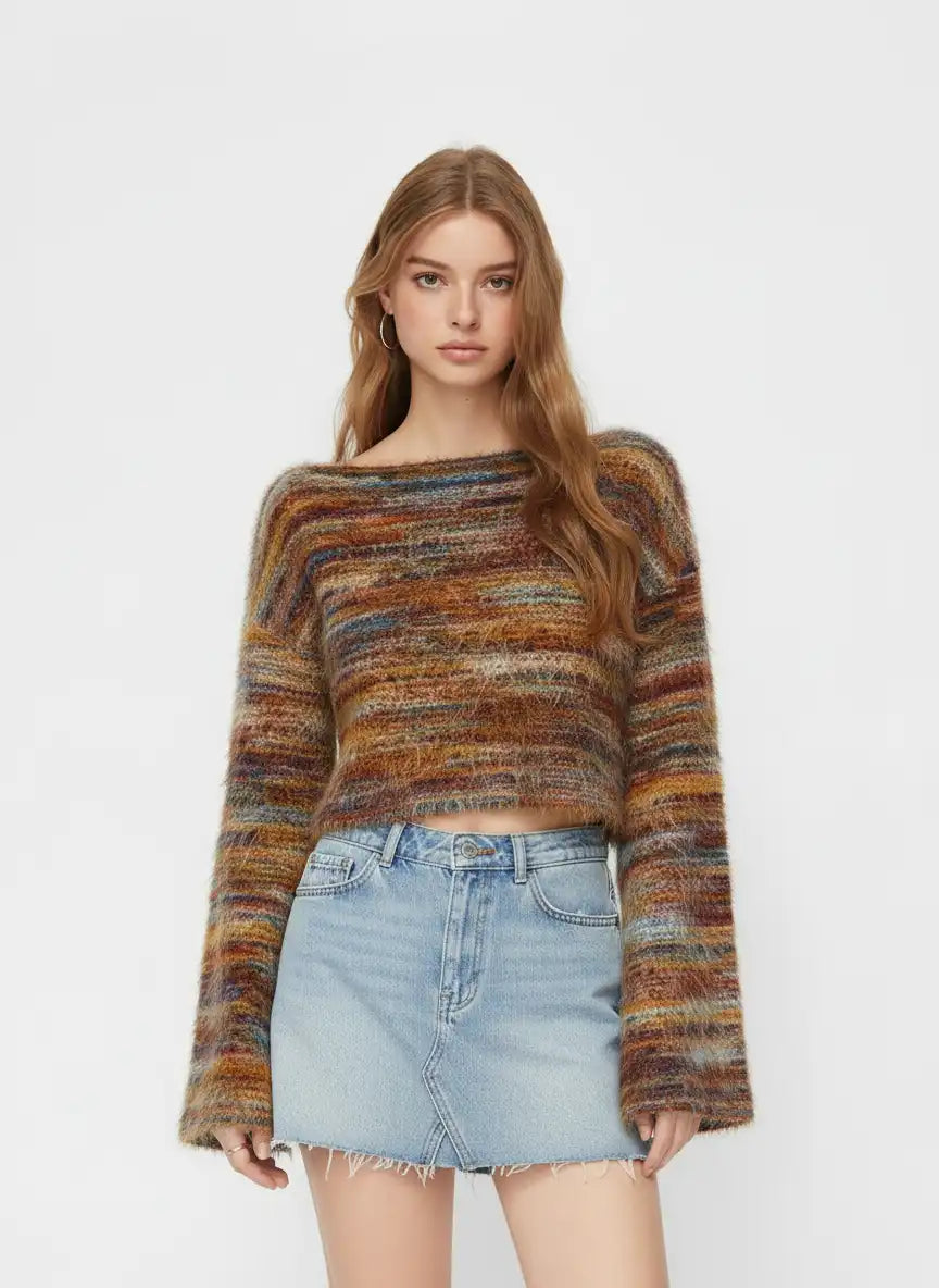 Striped Boat Neck Bell Sleeve Cropped Top