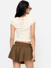 Cotton-blend Mid Rise Bowknot Pleated Shorts