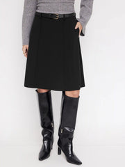 Mid Rise A-line Zipper Midi Skirt With Belt