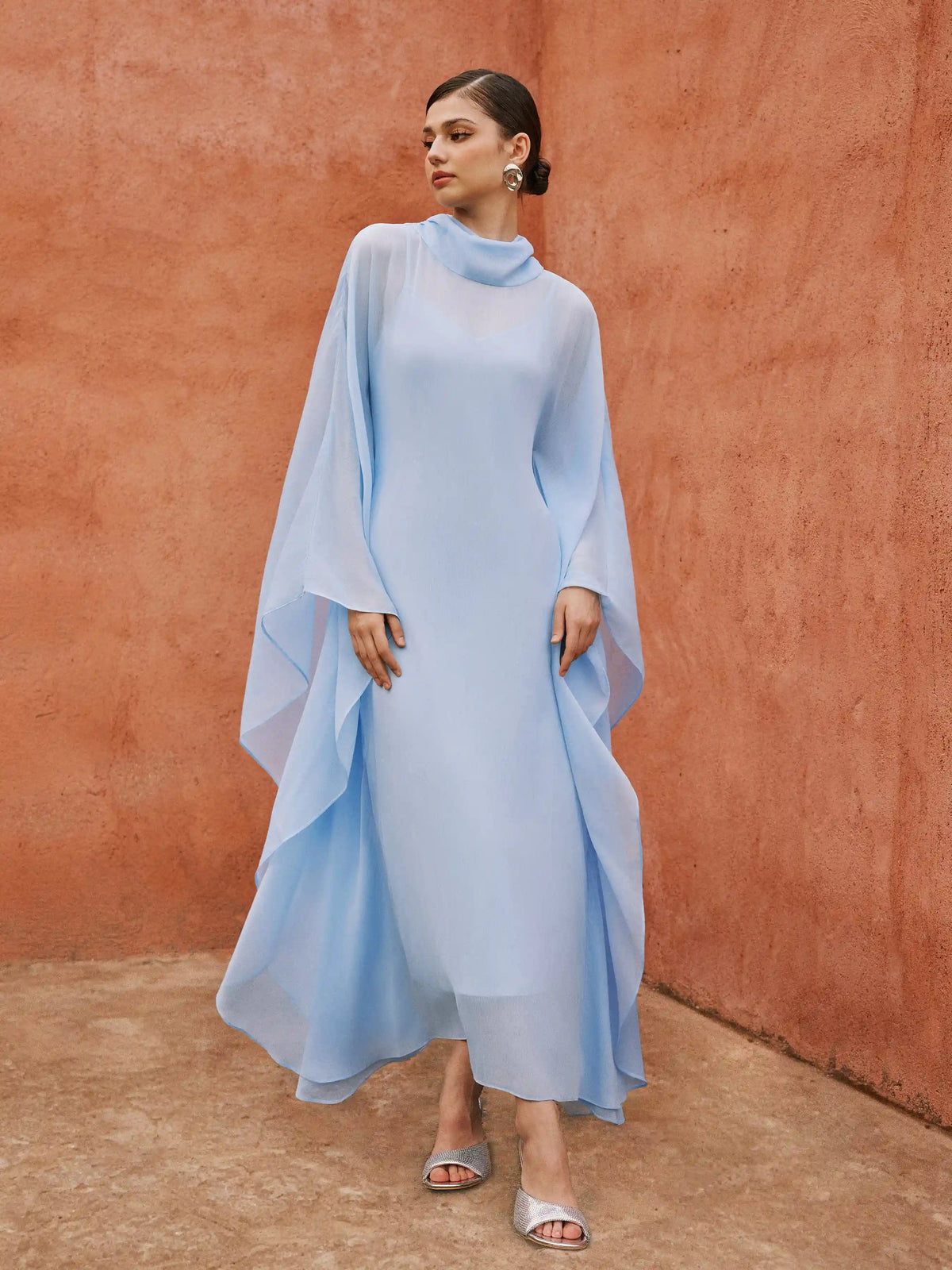 Chiffon High Neck Cape Tie Back A-line Maxi Dress