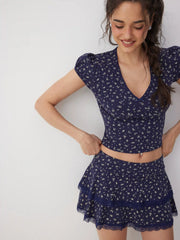 Cotton-blend Floral V-Neck Top & Low Rise Tiered Mini Skirt Set