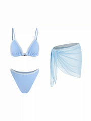 Lace Trim Triangle 3-pieces Bikini Set With Sheer Sarong