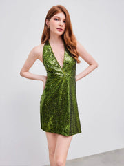 Sequin V-neck Halter Knotted Mini Dress