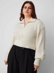 Cárdigan de punto sólido con cremallera Curvy