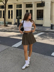 Mid Waist Solid Pleated Skort with Belt