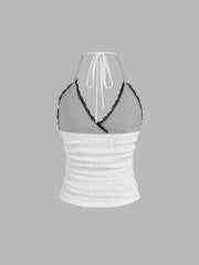 V-neck Bowknot Ruched Lace Trim Halter Top & Mid Rise Wide Leg Trousers Loungewear Set