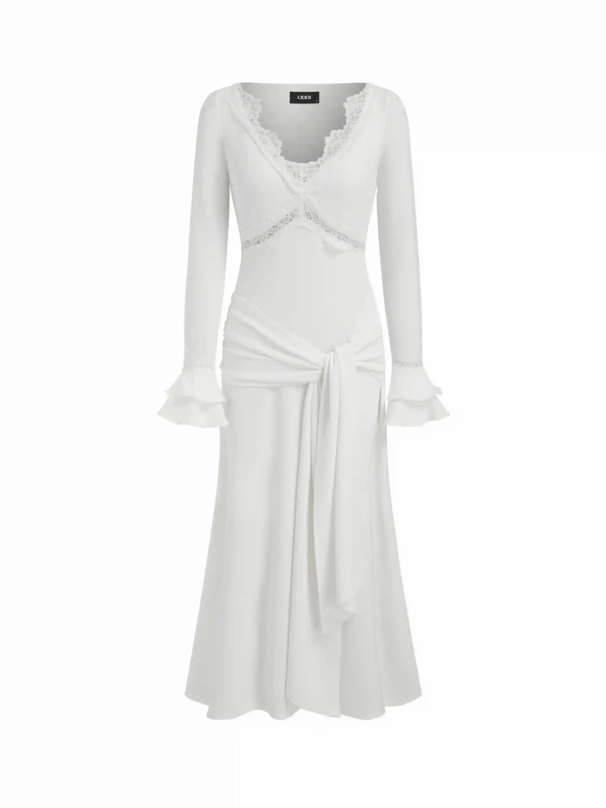 V-neck Lace Ruffled Knotted Bell Sleeve Maxi Dress