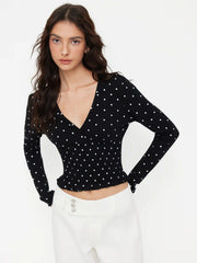 Cotton-blend V-Neck Polka Dot Smocked Lettuce Trim Top