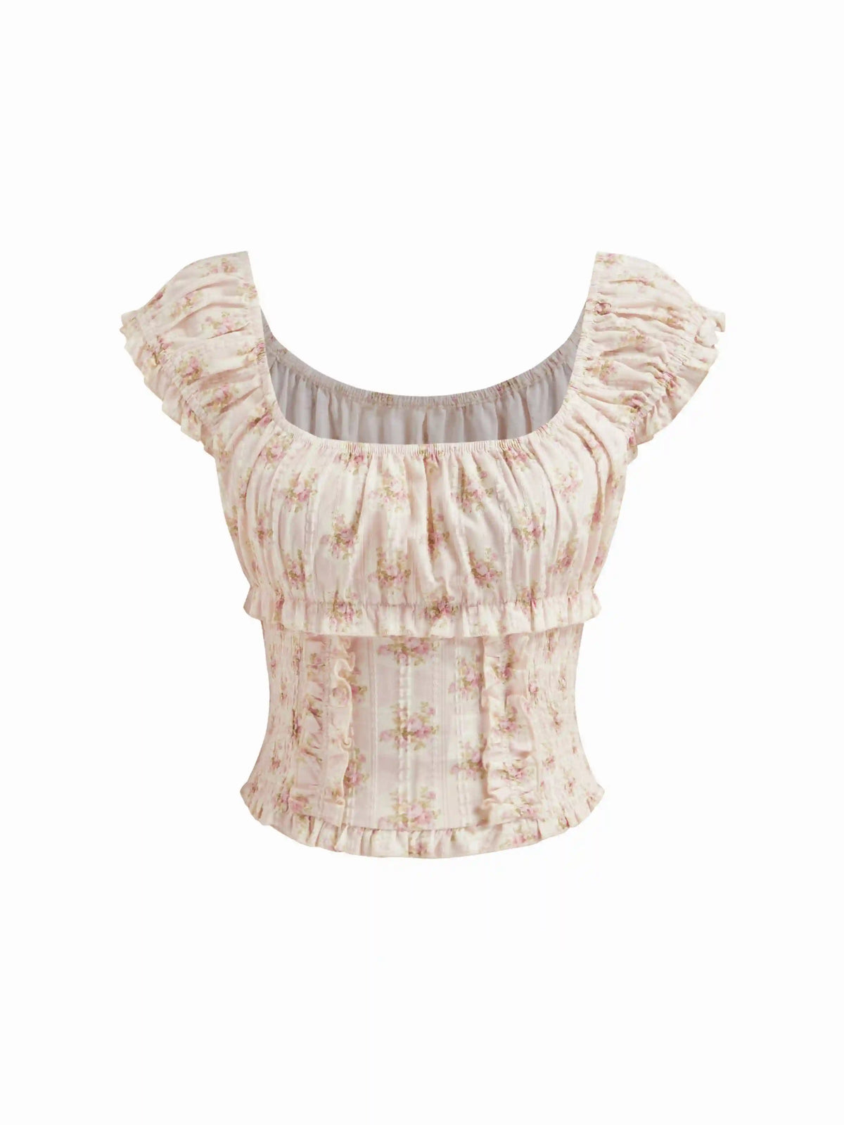 Cotton-blend Floral Lettuce Trim Shirred Tank Top
