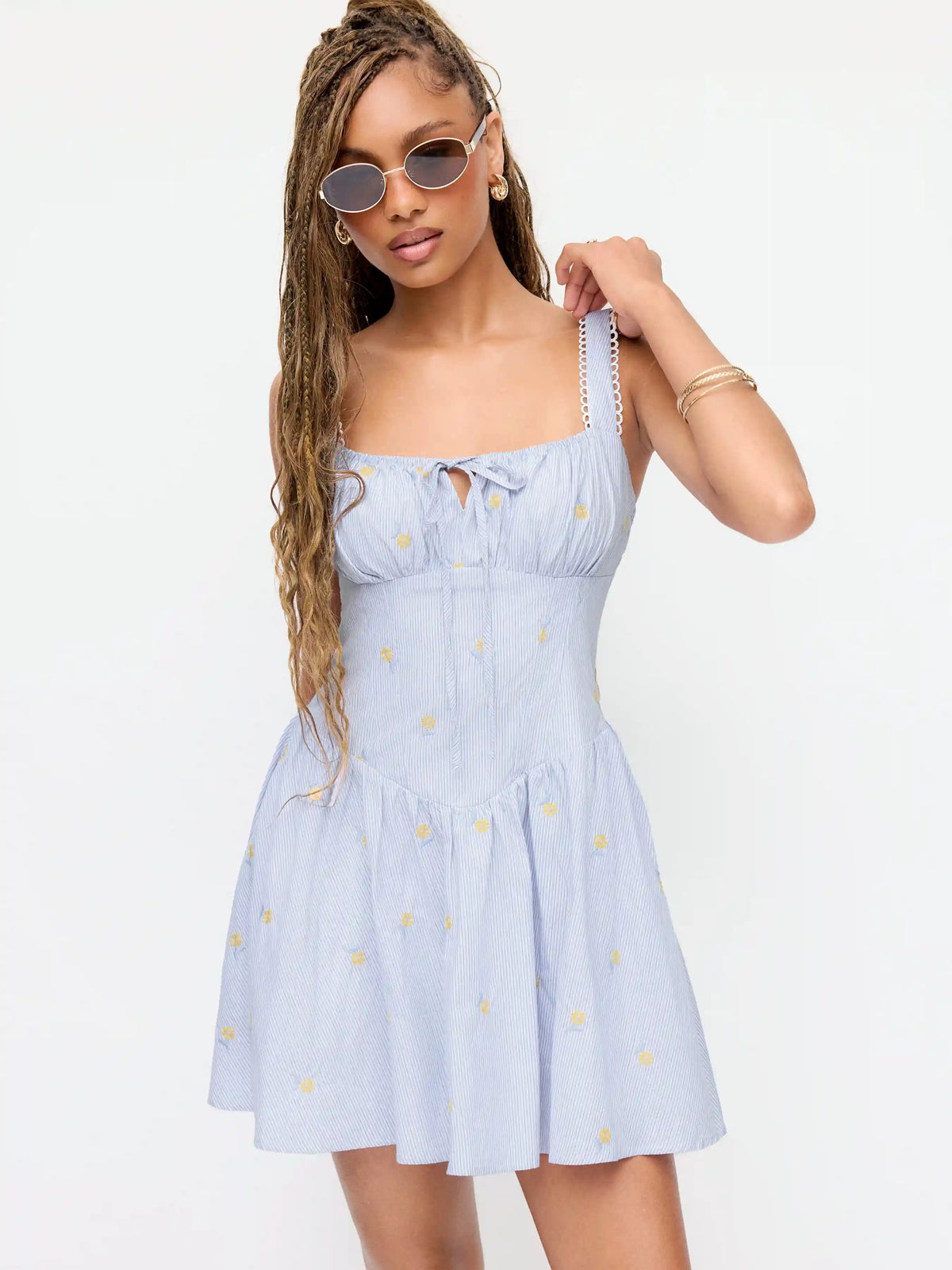 Cotton Striped Floral Square Neck Eyelet Ruched A-line Mini Dress