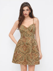 Cotton-blend Aztec V-neck A-line Mini Cami Dress