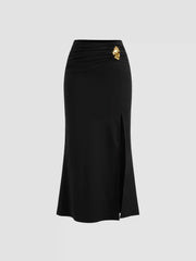 Mid Rise Split Metal Detail Ruched Midi Skirt