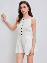 Linen Cotton Boat Neckline Solid Button Romper