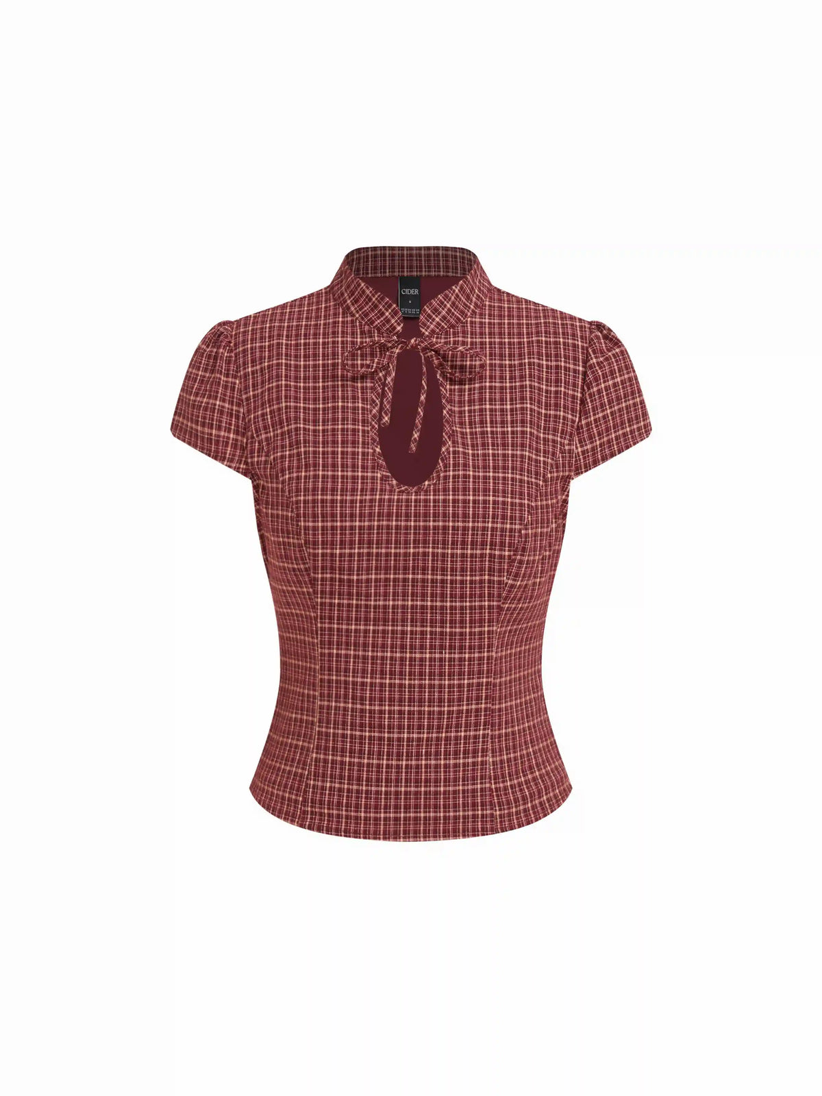 Cotton Gingham Mandarin Collar Puff Sleeve Bowknot Blouse