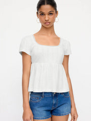 Cotton-blend Scoop Neck Babydoll Lace Trim Peplum Short Sleeve Top