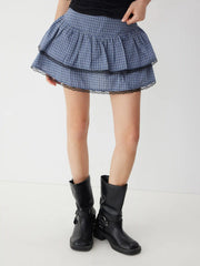 Cotton Mid Rise Lace Panel Gingham Tiered Mini Skirt