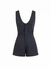 Stripe V-neck Flap Detail Mid Rise Romper