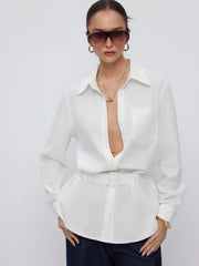 Linen-blend Longline Long Sleeve Shirt with Belt