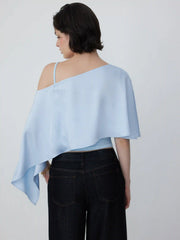 Satin Asymmetrical Neck Short Sleeve Cape Blouse
