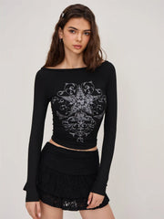 Boat Neck Star Graphic Long Sleeve Tee