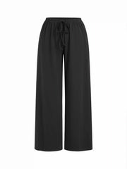Cotton-blend Scoop Neck Two Tone Ruched Tank & Mid Rise Drawstring Straight Leg Trousers Set