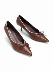 POINTED-TOE BOWKNOT ARTIFICIAL SNAKESKIN HEELS