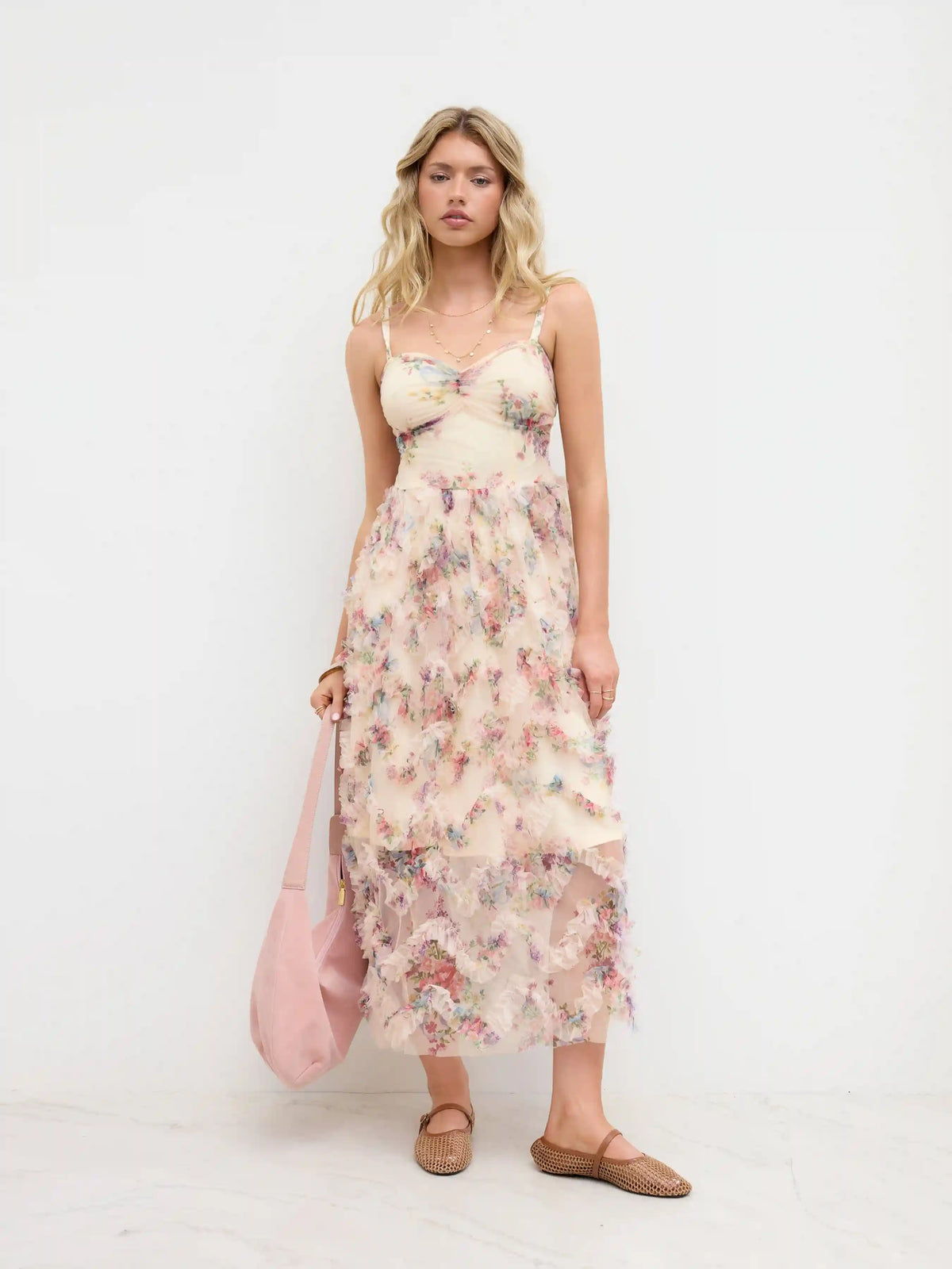 Mesh Square Neck Floral Lettuce Trim Ruffle Maxi Dress