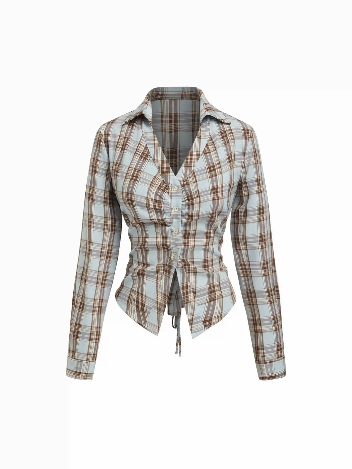 Plaid Collar V-neck Long Sleeve Ruched Lace Up Tie Back Blouse