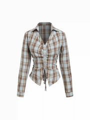 Plaid Collar V-neck Long Sleeve Ruched Lace Up Tie Back Blouse