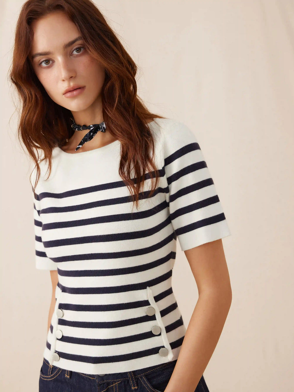 Knit Striped Boat Neck Metal Detail Short Sleeve Top