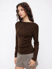 Wool-blend Knit Boat Neck Ruched Long Sleeve Top