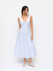 Linen-Blend Sculptural Striped U-neckline Lace up Backless Maxi Dress
