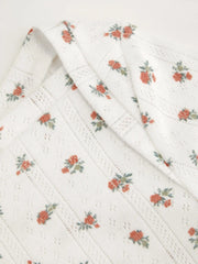 Cotton-blend Floral Pointelle Boat Neck Long Sleeve Lettuce Trim Top