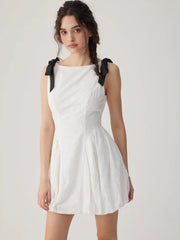 Cotton Boat Neck Embroidery Bowknot Ruched Bubble Mini Dress