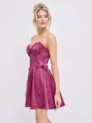 Satin Sweetheart Neckline Bowknot Ruffle Mini Dress